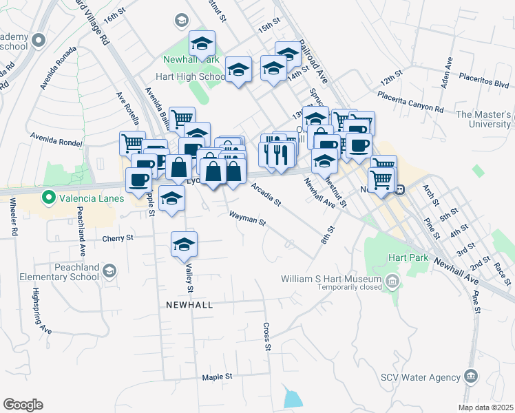 map of restaurants, bars, coffee shops, grocery stores, and more near 23003 Haden Court in Santa Clarita