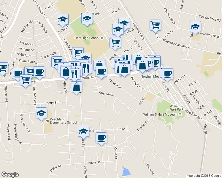 map of restaurants, bars, coffee shops, grocery stores, and more near 23003 Haden Court in Santa Clarita