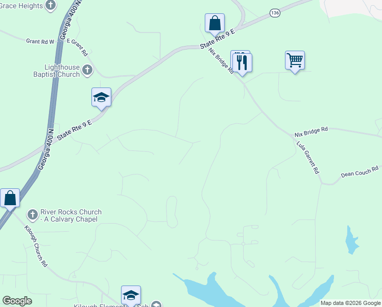 map of restaurants, bars, coffee shops, grocery stores, and more near 49 Seabreeze Way in Dawsonville