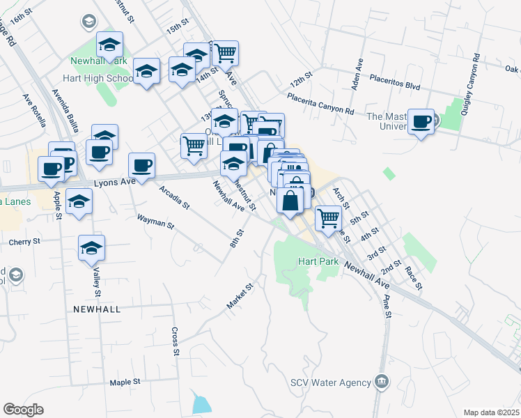 map of restaurants, bars, coffee shops, grocery stores, and more near 24332 Chestnut Street in Santa Clarita