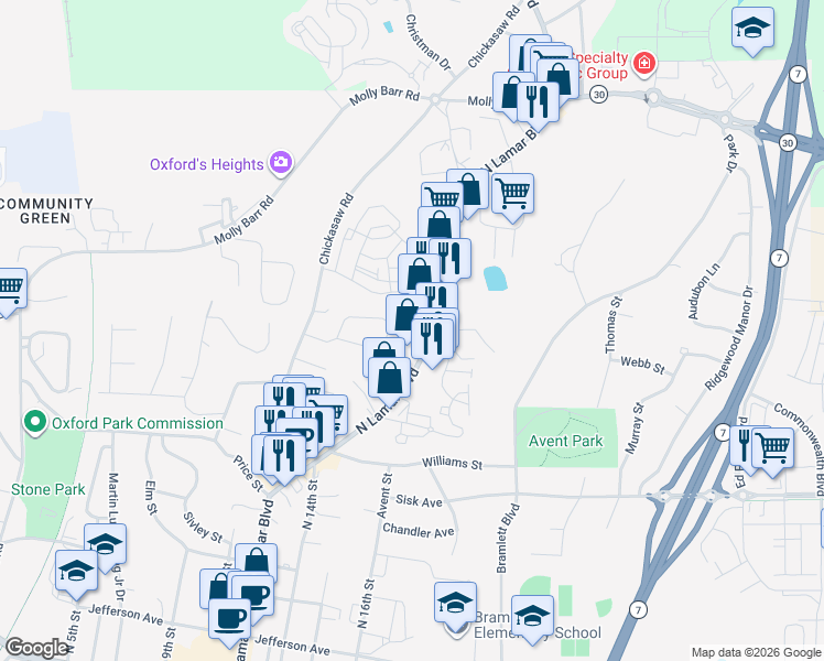 map of restaurants, bars, coffee shops, grocery stores, and more near 1300-1306 N Lamar Blvd in Oxford