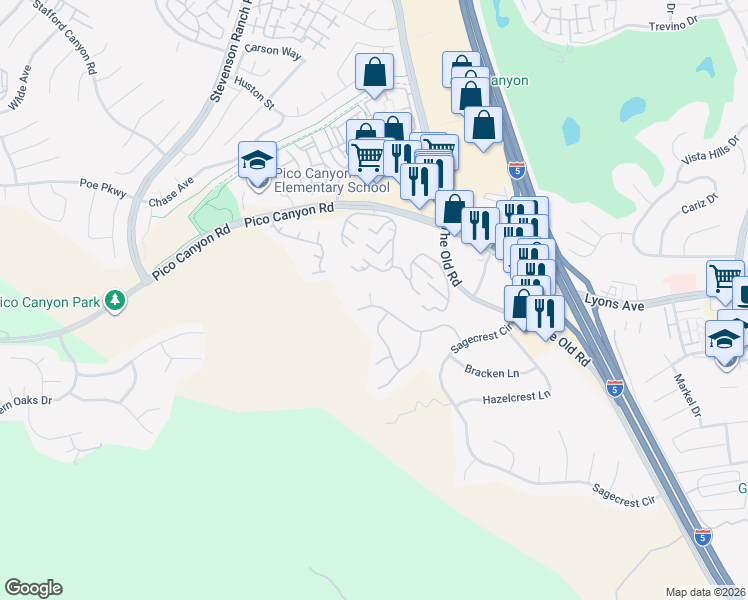 map of restaurants, bars, coffee shops, grocery stores, and more near 25119 Smokewood Way in Stevenson Ranch