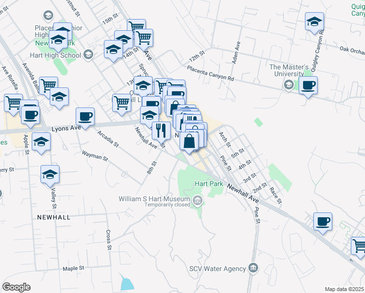 map of restaurants, bars, coffee shops, grocery stores, and more near 24308 Walnut Street in Santa Clarita