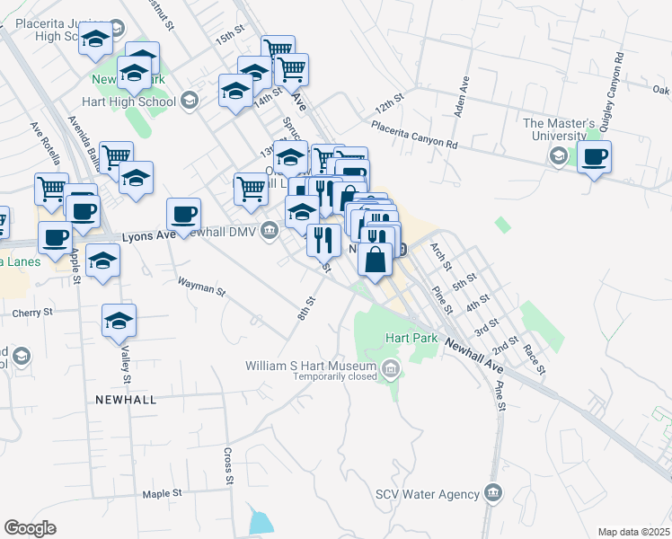 map of restaurants, bars, coffee shops, grocery stores, and more near 24332 Chestnut Street in Santa Clarita