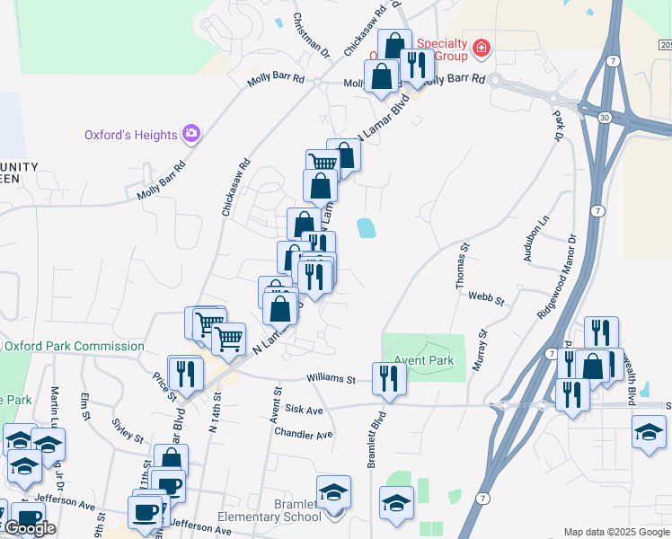 map of restaurants, bars, coffee shops, grocery stores, and more near 1204 Rogers Road in Oxford