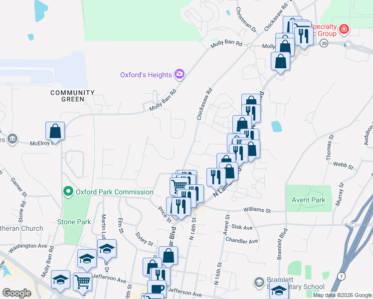 map of restaurants, bars, coffee shops, grocery stores, and more near 401-499 Cherokee Dr in Oxford