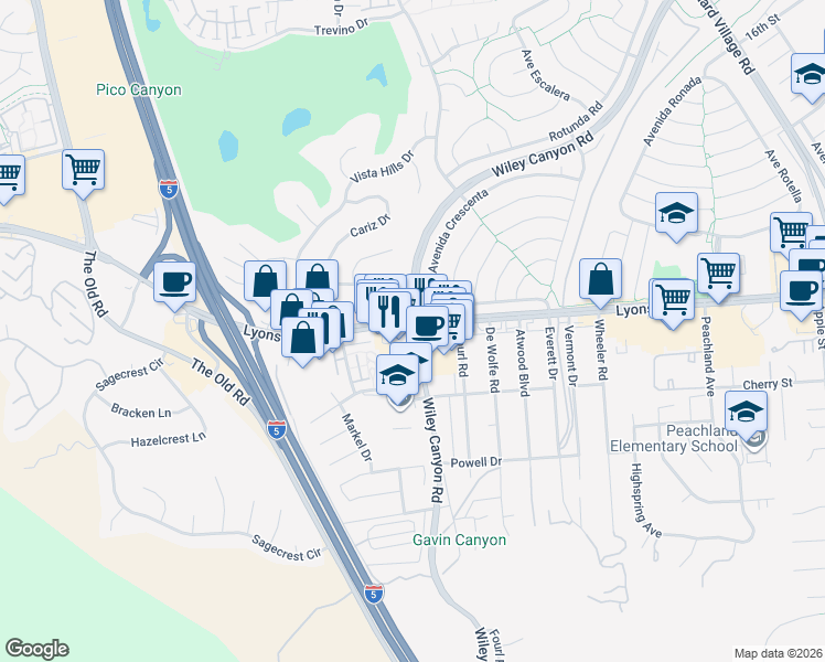 map of restaurants, bars, coffee shops, grocery stores, and more near 25289 Wiley Canyon Road in Santa Clarita