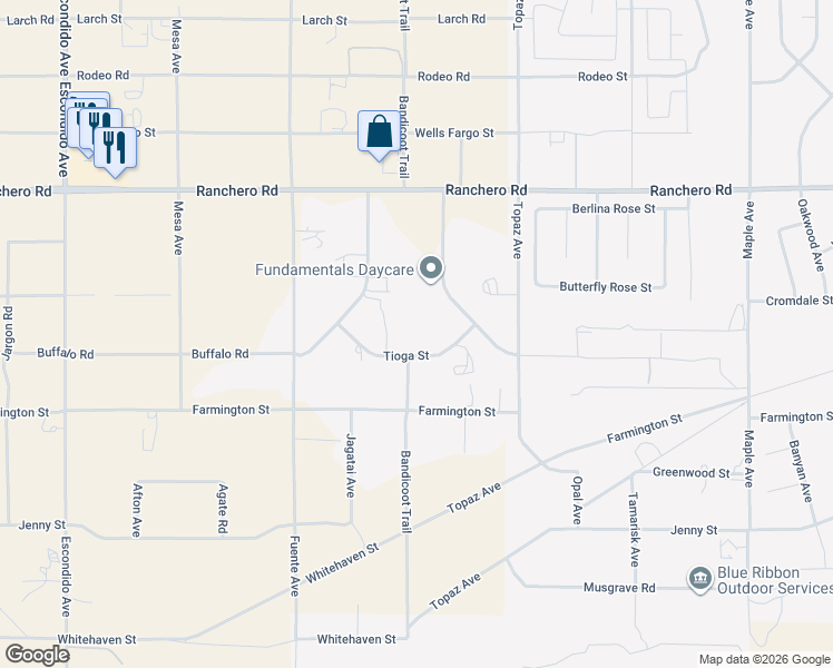 map of restaurants, bars, coffee shops, grocery stores, and more near 14032 Tioga Street in Hesperia
