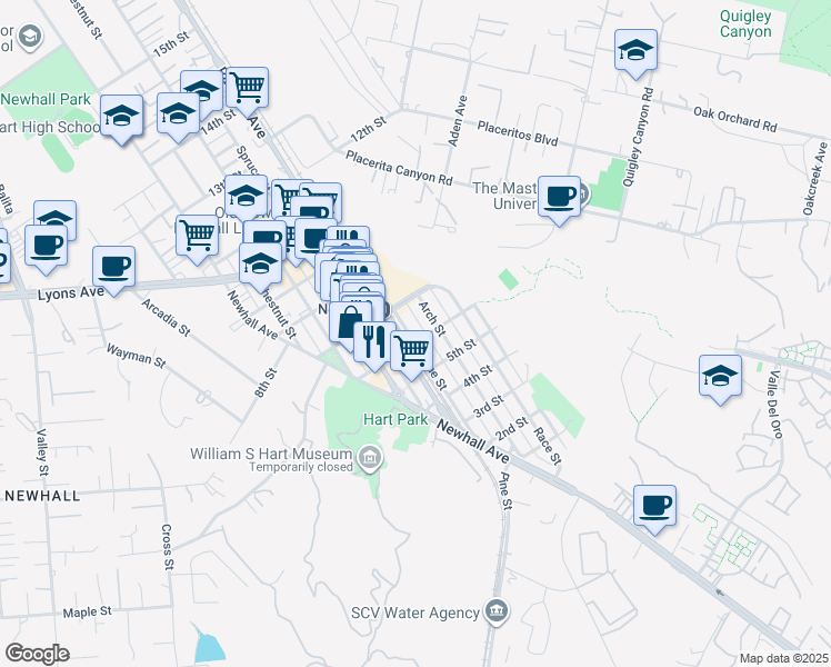 map of restaurants, bars, coffee shops, grocery stores, and more near 24242 Pine Street in Santa Clarita