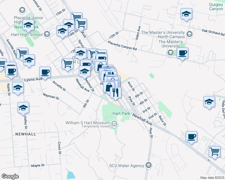 map of restaurants, bars, coffee shops, grocery stores, and more near 24274 Main Street in Santa Clarita