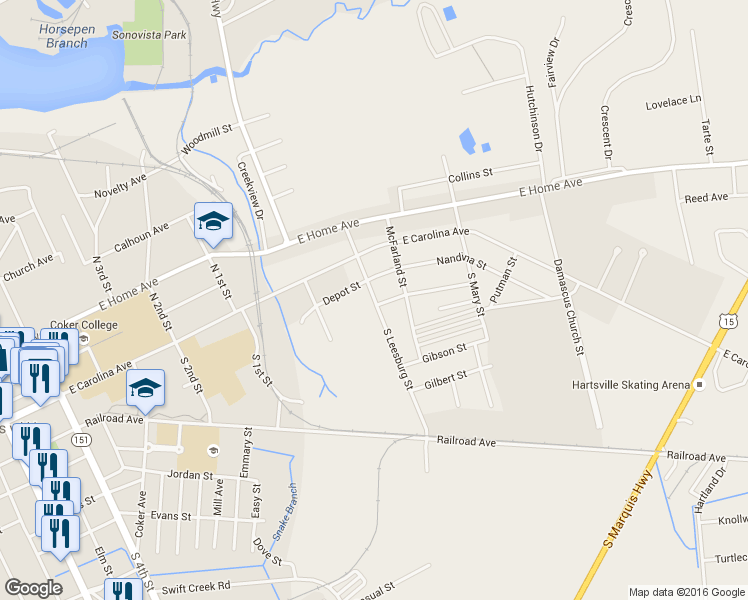 map of restaurants, bars, coffee shops, grocery stores, and more near 226 South Leesburg Street in Hartsville