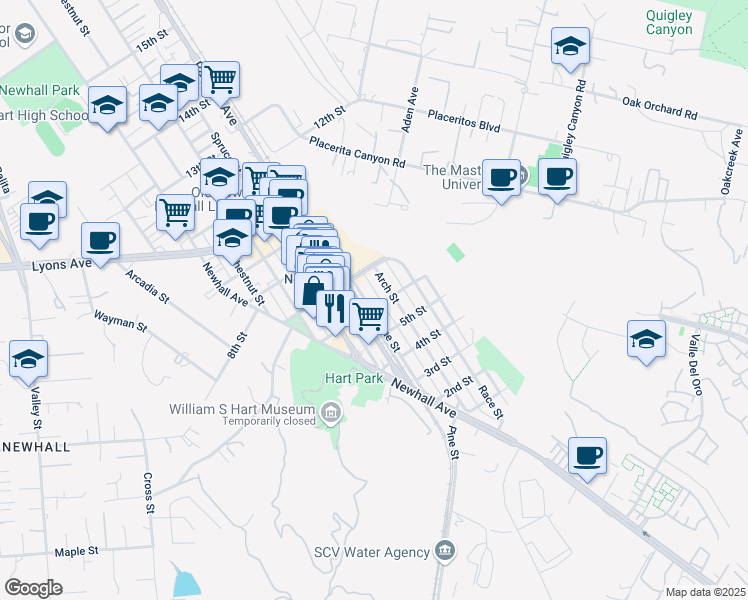 map of restaurants, bars, coffee shops, grocery stores, and more near 24242 Pine Street in Santa Clarita