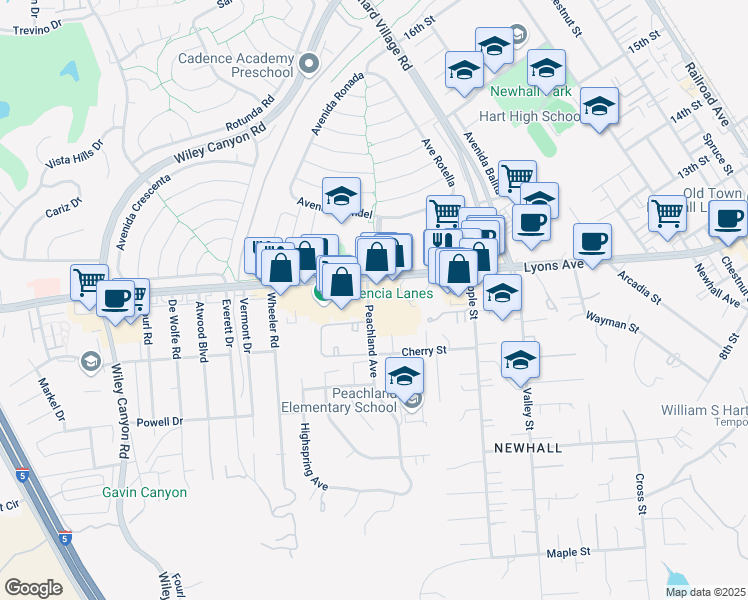 map of restaurants, bars, coffee shops, grocery stores, and more near 25078 Peachland Avenue in Santa Clarita