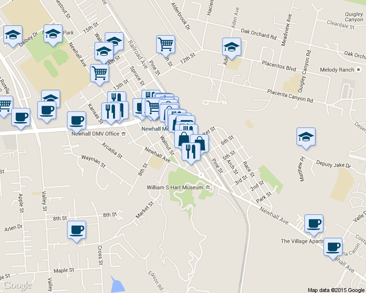 map of restaurants, bars, coffee shops, grocery stores, and more near 24301 Main Street in Santa Clarita
