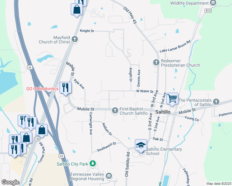 map of restaurants, bars, coffee shops, grocery stores, and more near 125 West Water Street in Saltillo