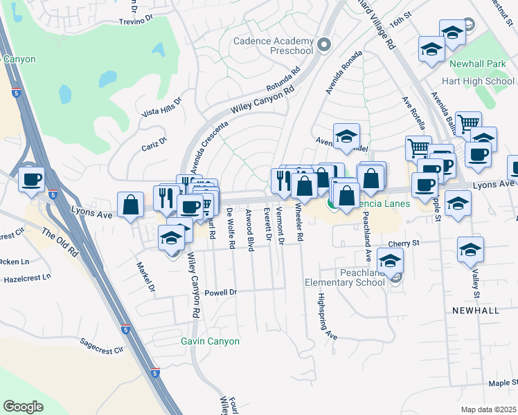 map of restaurants, bars, coffee shops, grocery stores, and more near 23950 Lyons Avenue in Santa Clarita