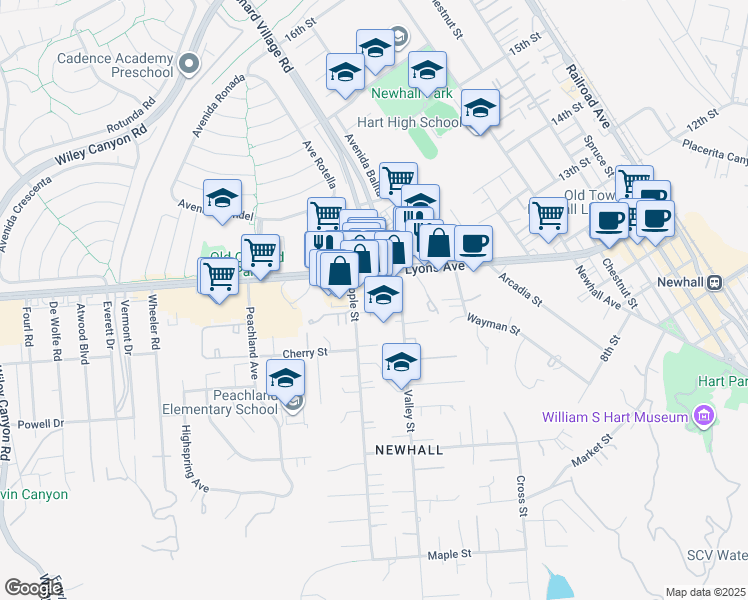map of restaurants, bars, coffee shops, grocery stores, and more near 24854 Noelle Way in Santa Clarita
