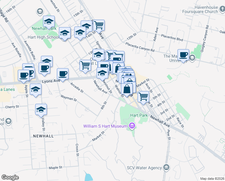 map of restaurants, bars, coffee shops, grocery stores, and more near 24332 Chestnut Street in Santa Clarita