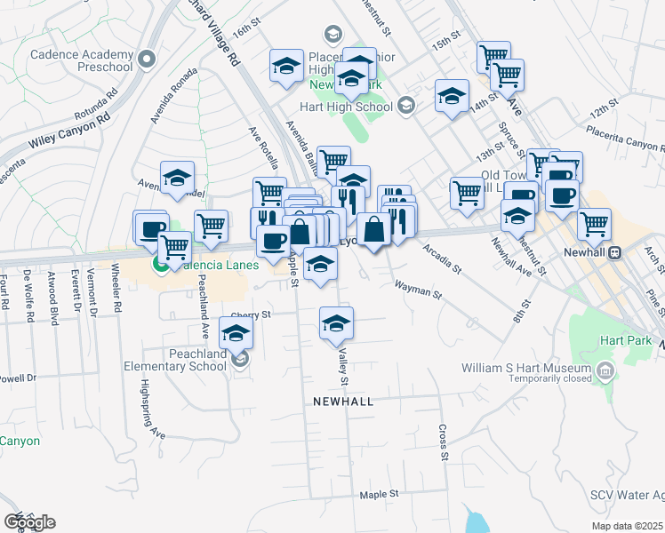 map of restaurants, bars, coffee shops, grocery stores, and more near 24755 Valley Street in Santa Clarita