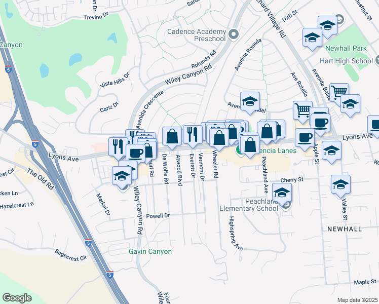 map of restaurants, bars, coffee shops, grocery stores, and more near 25261 Vermont Drive in Santa Clarita
