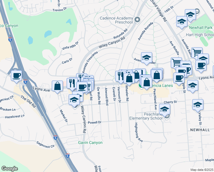 map of restaurants, bars, coffee shops, grocery stores, and more near 23950 Lyons Avenue in Santa Clarita