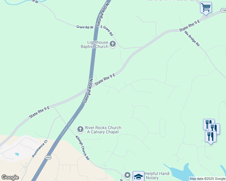 map of restaurants, bars, coffee shops, grocery stores, and more near 126 Biscayne Drive in Dawsonville