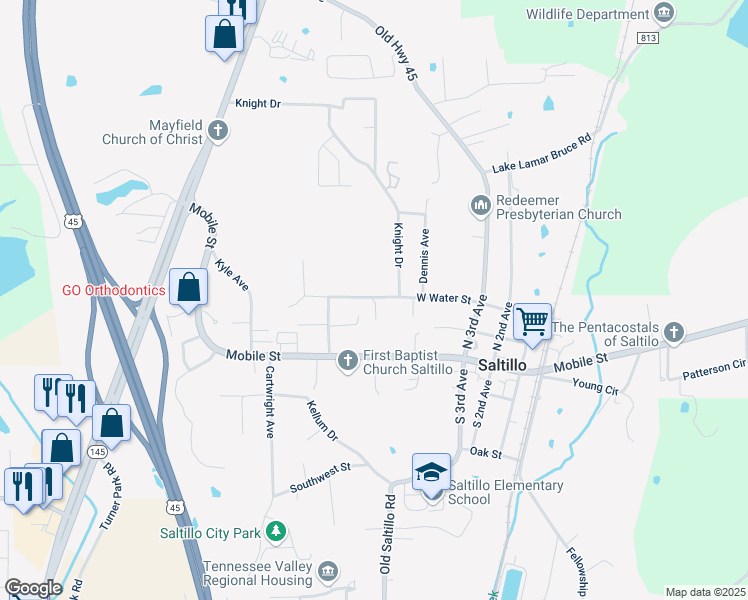 map of restaurants, bars, coffee shops, grocery stores, and more near 125-153 West Water Street in Saltillo