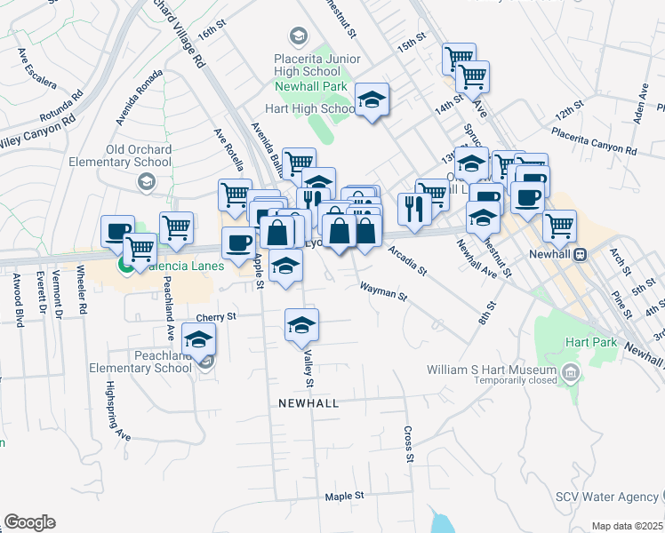map of restaurants, bars, coffee shops, grocery stores, and more near 24629 Wayman Street in Santa Clarita