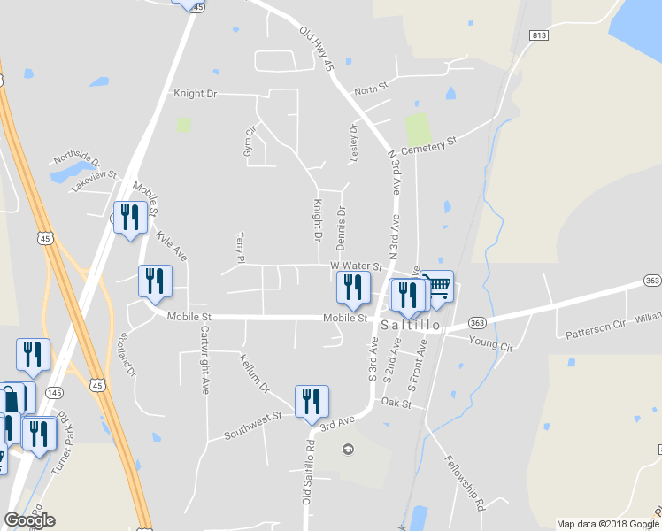 map of restaurants, bars, coffee shops, grocery stores, and more near West Water Street in Saltillo