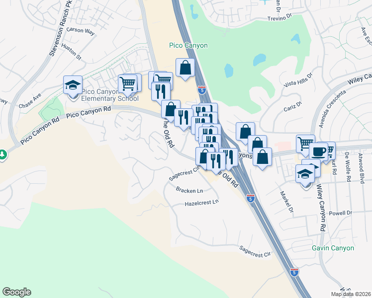map of restaurants, bars, coffee shops, grocery stores, and more near 25340 The Old Road in Santa Clarita