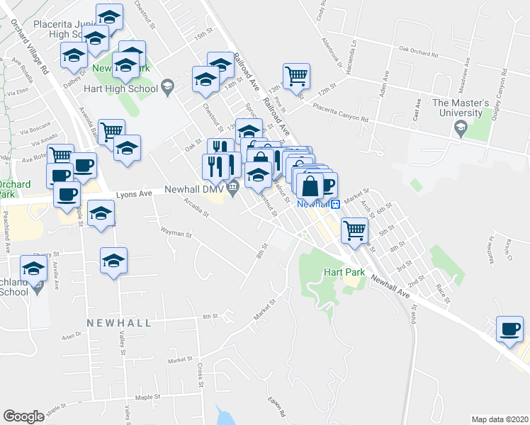 map of restaurants, bars, coffee shops, grocery stores, and more near 24377 Newhall Avenue in Santa Clarita