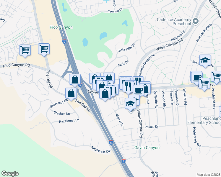 map of restaurants, bars, coffee shops, grocery stores, and more near in Santa Clarita