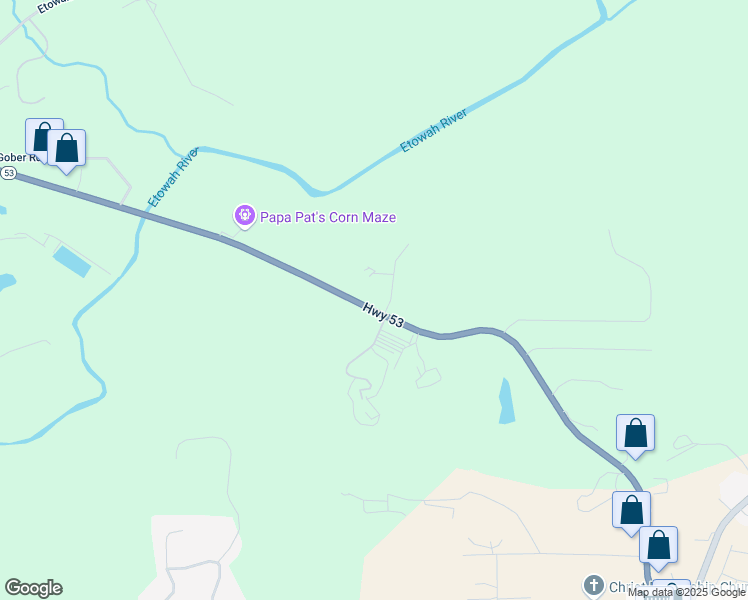 map of restaurants, bars, coffee shops, grocery stores, and more near 25 Riverview Drive in Dawsonville