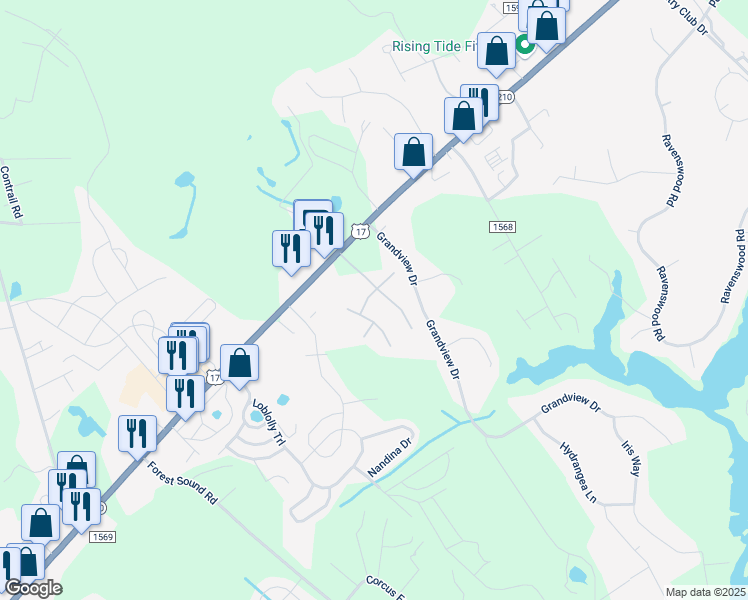 map of restaurants, bars, coffee shops, grocery stores, and more near 204 Heartwood Drive in Hampstead