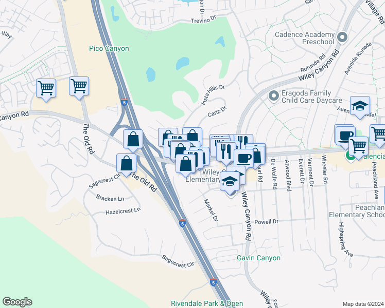 map of restaurants, bars, coffee shops, grocery stores, and more near 24431 Lyons Avenue in Santa Clarita