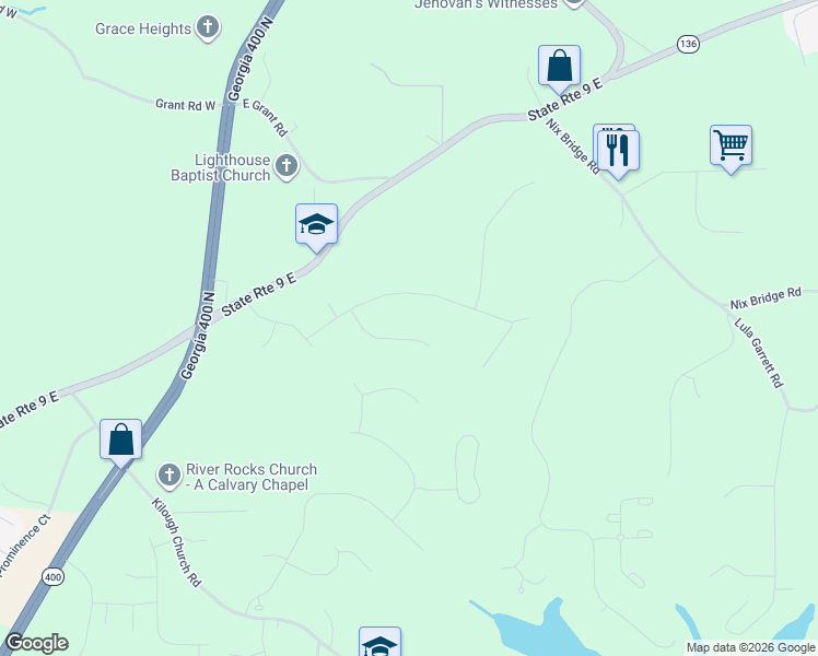 map of restaurants, bars, coffee shops, grocery stores, and more near 161 Sandcastle Court in Dawsonville