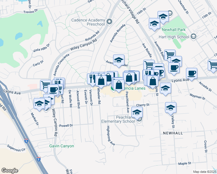 map of restaurants, bars, coffee shops, grocery stores, and more near 23740 Lyons Avenue in Santa Clarita