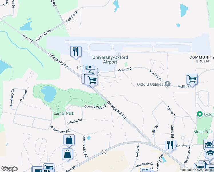map of restaurants, bars, coffee shops, grocery stores, and more near 701 College Hill Road in Oxford