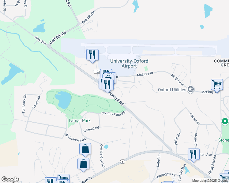 map of restaurants, bars, coffee shops, grocery stores, and more near 800 College Hill Road in Oxford