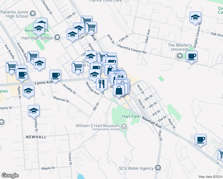 map of restaurants, bars, coffee shops, grocery stores, and more near 24328 Walnut Street in Santa Clarita