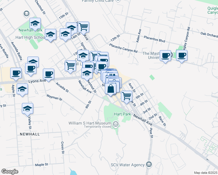 map of restaurants, bars, coffee shops, grocery stores, and more near 24308 Walnut Street in Santa Clarita