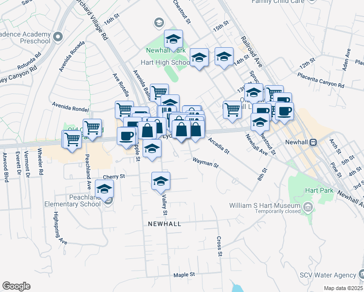 map of restaurants, bars, coffee shops, grocery stores, and more near 24629 Wayman Street in Santa Clarita