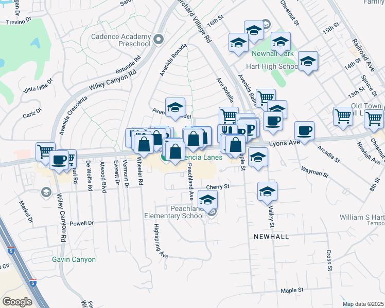 map of restaurants, bars, coffee shops, grocery stores, and more near 25078 Peachland Avenue in Santa Clarita