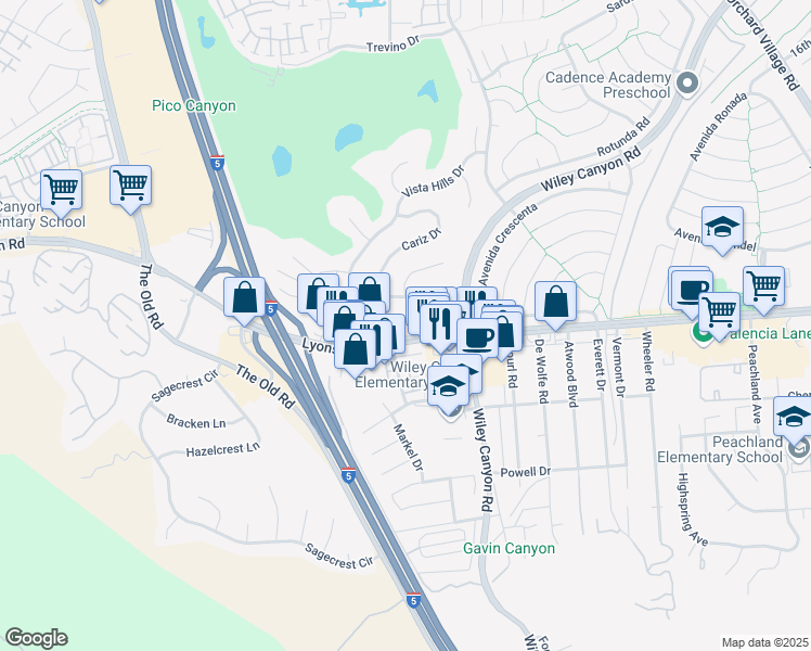 map of restaurants, bars, coffee shops, grocery stores, and more near 24374 La Glorita Circle in Santa Clarita