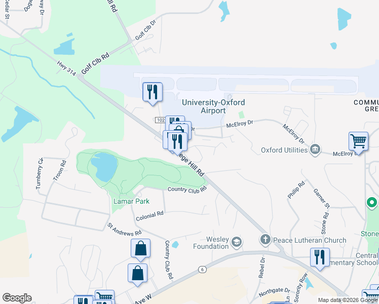 map of restaurants, bars, coffee shops, grocery stores, and more near 800 College Hill Road in Oxford
