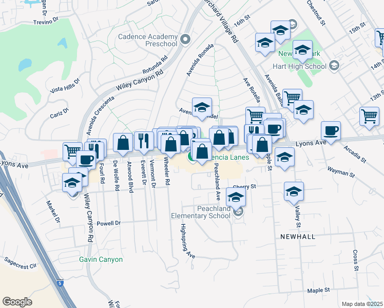 map of restaurants, bars, coffee shops, grocery stores, and more near 23740 Lyons Avenue in Santa Clarita