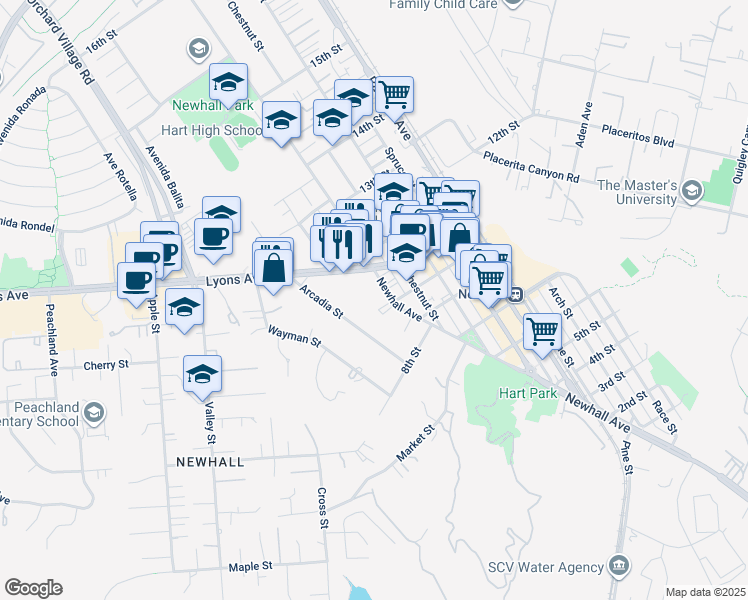 map of restaurants, bars, coffee shops, grocery stores, and more near 24364 Arcadia Street in Santa Clarita