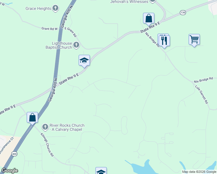 map of restaurants, bars, coffee shops, grocery stores, and more near 161 Sandcastle Court in Dawsonville