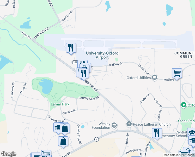 map of restaurants, bars, coffee shops, grocery stores, and more near 701 College Hill Road in Oxford