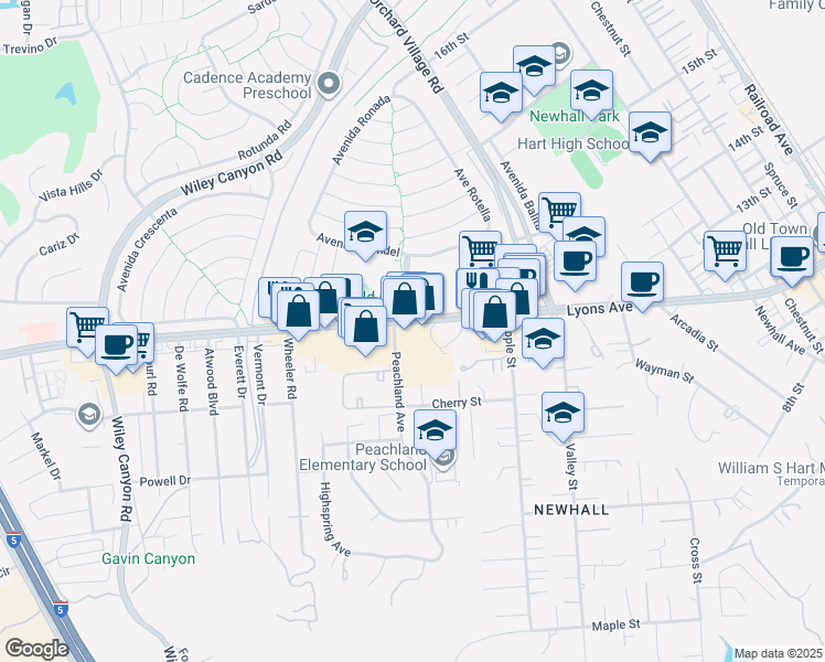 map of restaurants, bars, coffee shops, grocery stores, and more near 25078 Peachland Avenue in Santa Clarita